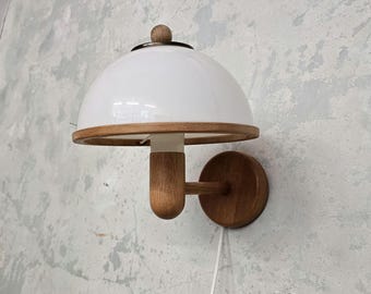 Vintage Plug in Mushroom Wall Lamp - 1980s - Steinhauer - Mid-Century Modern - Oak Wood