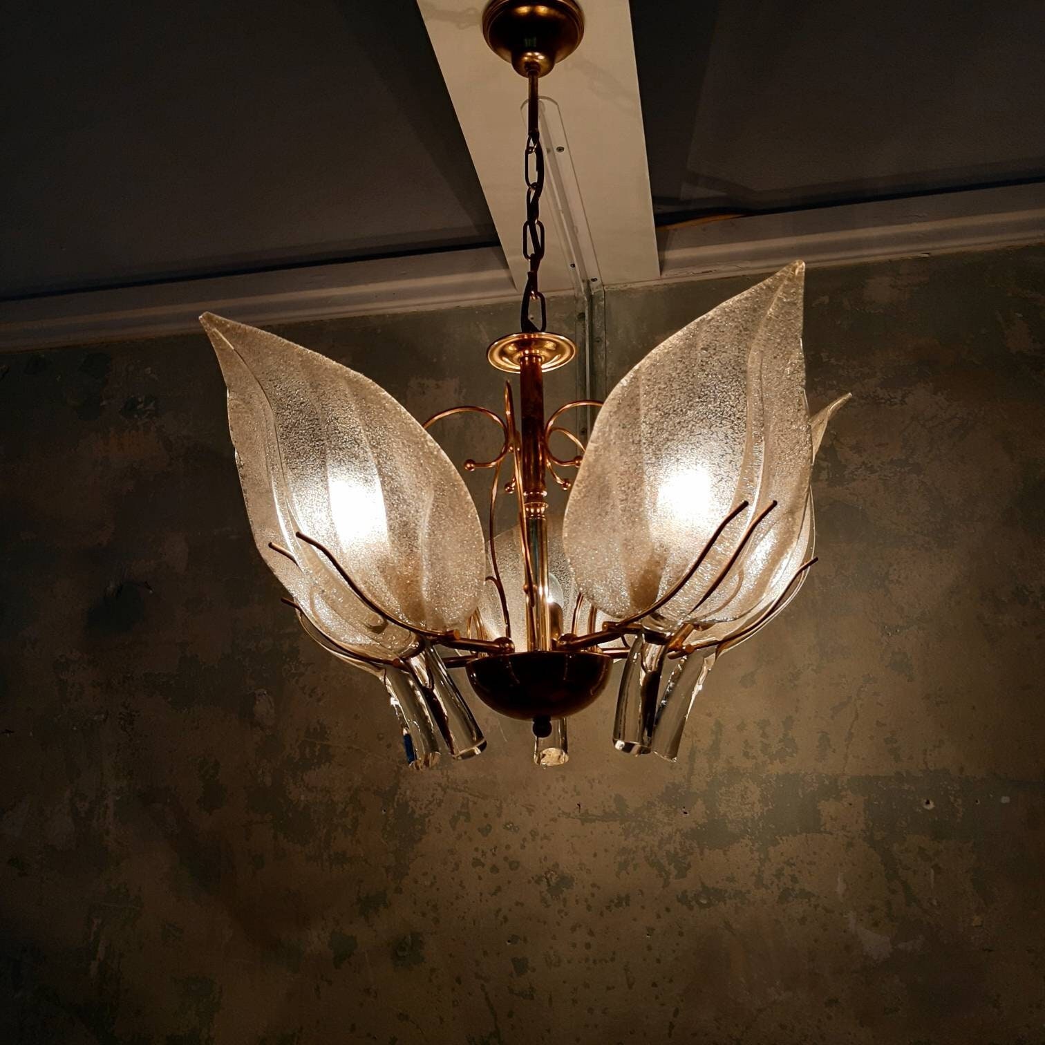 60s Archimede Seguso Murano Glass Leaf Chandelier Murano Ceiling