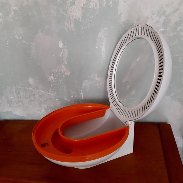 Miroir de maquillage vintage avec boîte de rangement / Trousse de beauté en plastique orange blanc Space Age des années 70 avec éclairage / FLAIR