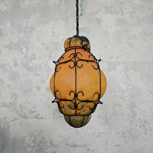 Vintage Hand Blown Glass Pendant Light /  Caged Yellow Glass / Venetian Style Ceiling Lamp