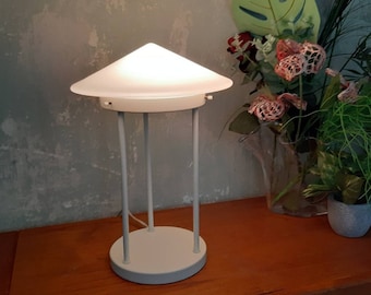 Vintage White  Table Lamp with Glass Shade / Mushroom Retro / Metal / Opal Glass / Desk Light / Dutch Design HALA / Modern Mid Century