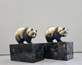 Vintage Bronze Bear Bookends on Marble Base by Milo - Art Deco Shelf Decor