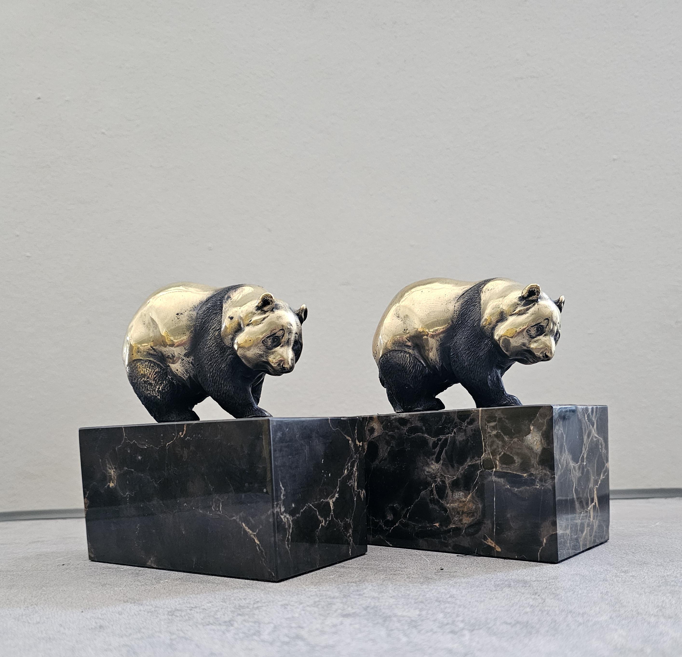 Vintage Bronze Bear Bookends On Marble Base By Milo - Art Deco Shelf Decor