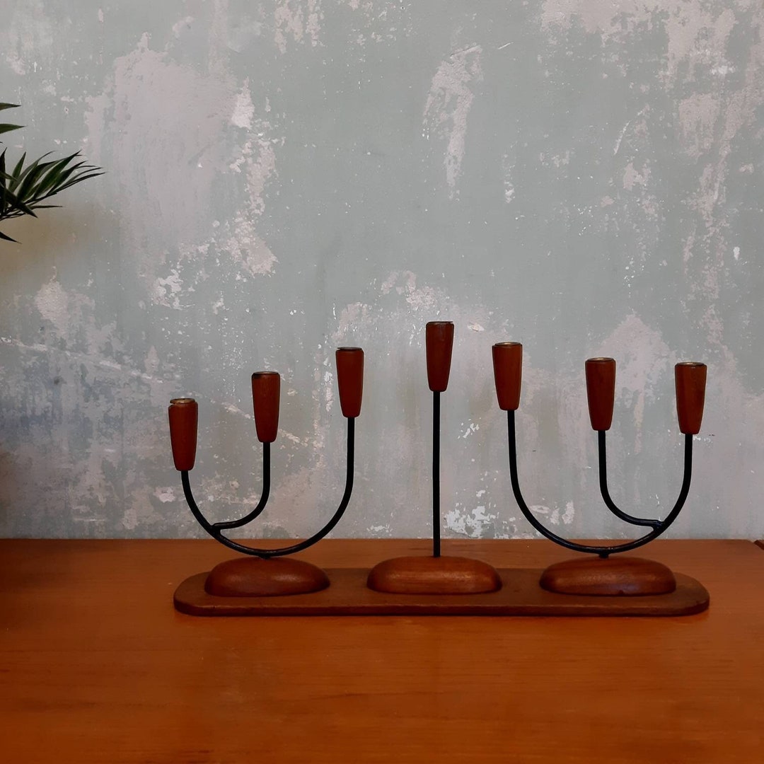 Mid Century Teak 7 Arm Candelabra / Danish Modern Home Decor / Candle ...