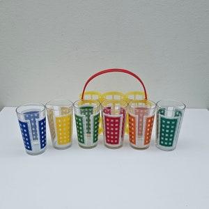 Drinking set Vintage /  6 Retro Drinking Glasses in Plastic Rack / Colorful / red blue yellow green /  Retro Bar cart  decor gift