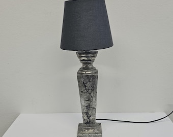 Tall Vintage 80s Ceramic Table Lamp Silver Finish with a Grey Shade