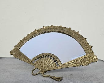 Vintage Ornate Brass Fan Mirror / Vanity Tabletop Decor / Hollywood Regency / Victorian Style