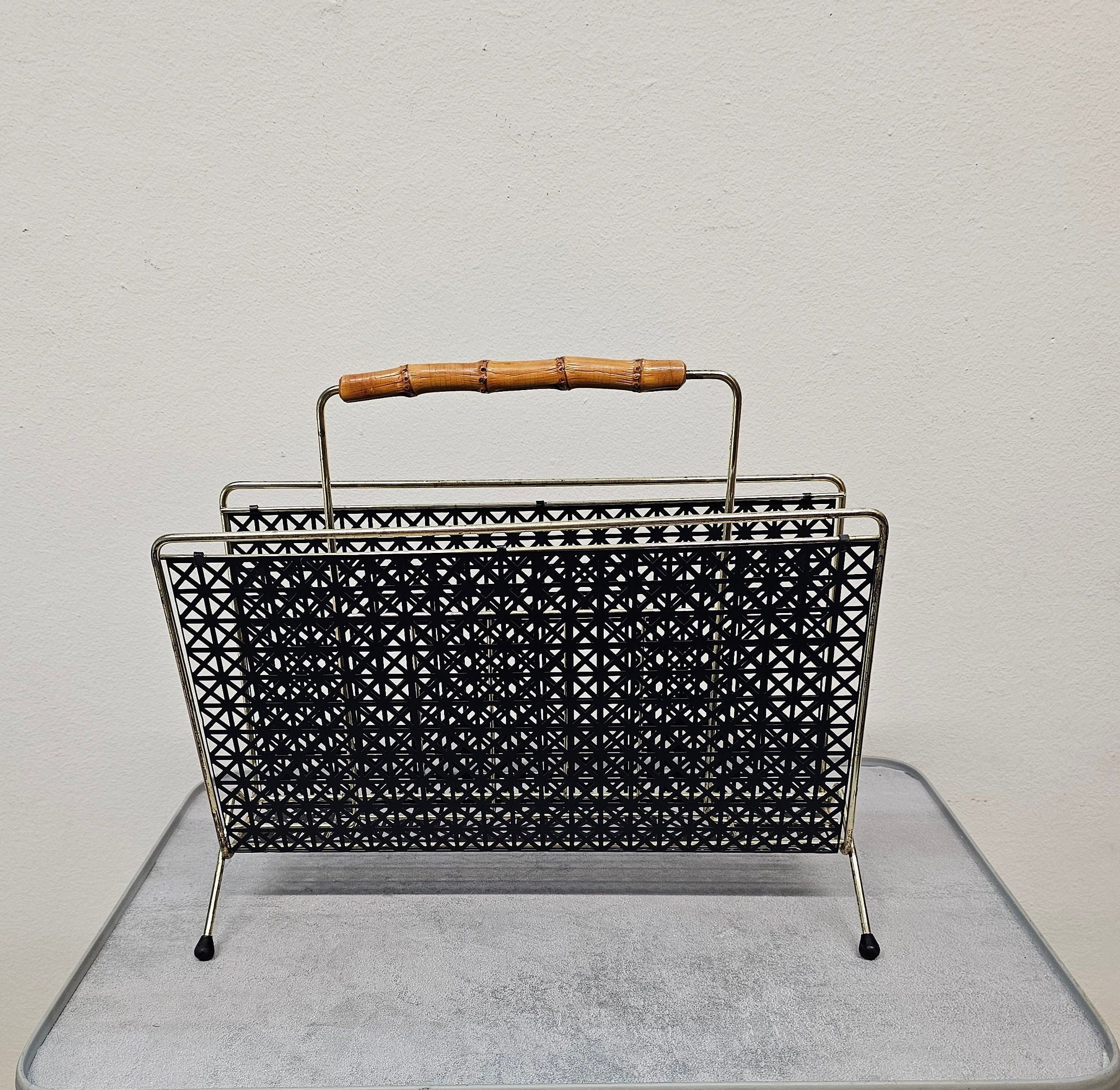 マガジンラック Vintage 50's design magazine rack 50s Vintage Magazine Rack Floor / Brass / Black Perforated Metal