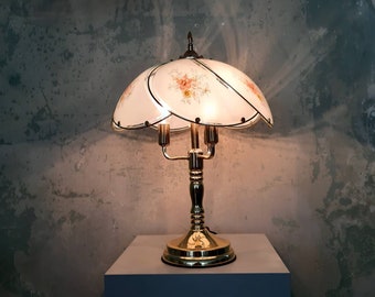 80s Vintage Table Lamp with Glass Shade / Hollywood Regency / Brass Glass / Mid Century Modern