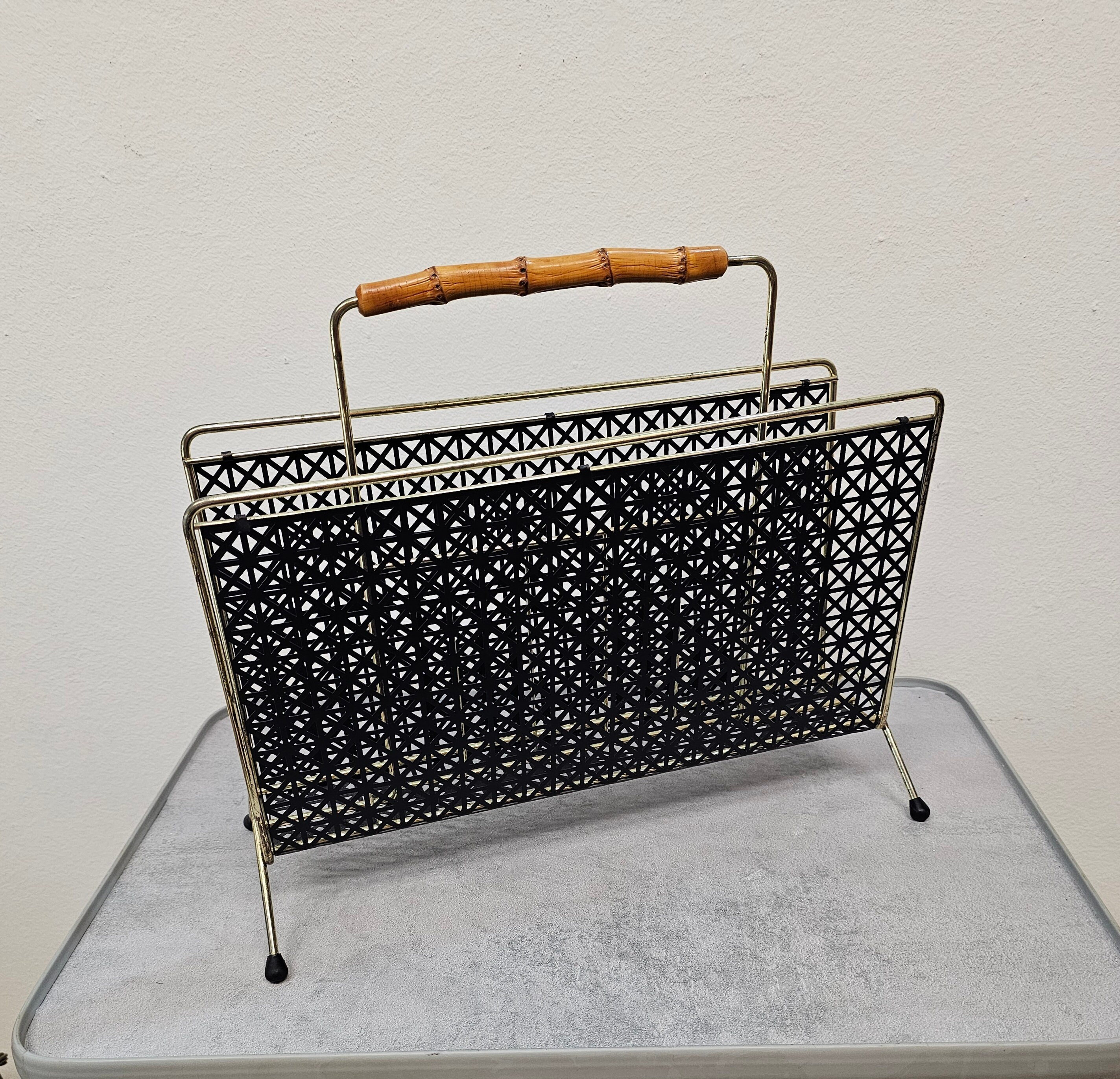 50s Vintage Magazine Rack Floor / Brass / Black Perforated Metal ...