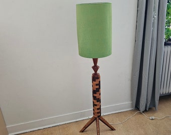 Unique Mid Century Modern Teak Floor Lamp with Green Silk Lampshade