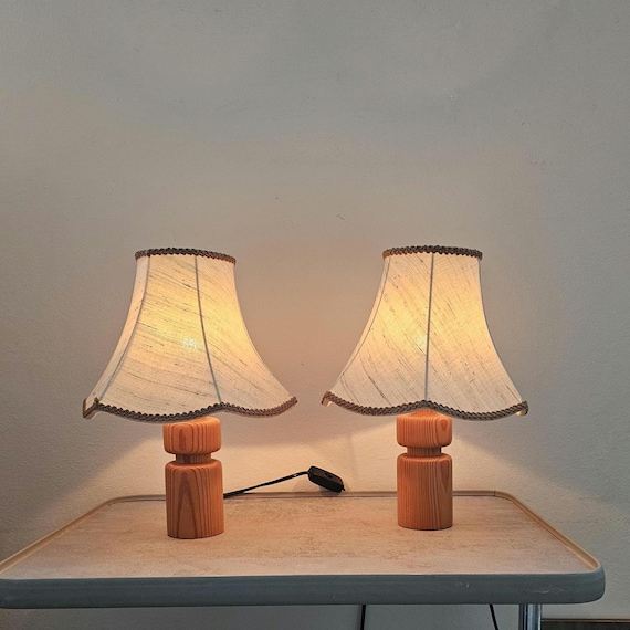 Vintage Wooden Table Lamps with Scalloped Linen Shade - Set of 2 by Domus Lighting