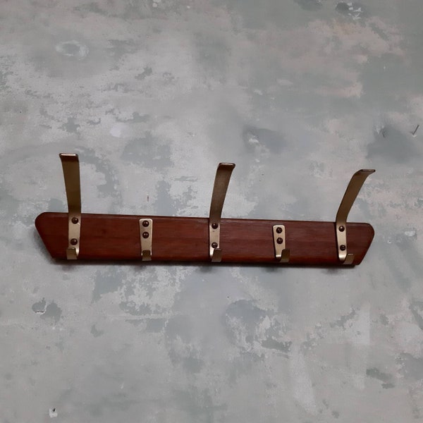 Mid-Century Wooden Wall Coat Rack - Brass Hooks / Danish Modern Teak Decor