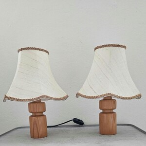 set of 2 pine wood bedside lamps with beige lampshades