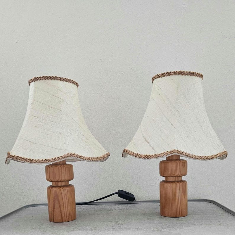 set of 2 pine wood bedside lamps with beige lampshades