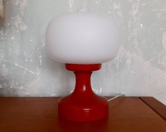 Vintage Mushroom Table Lamp: Red & White Glass Nightstand Light