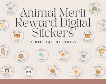 16 Animal-themed Merit Reward Stickers | Printable Digital Stickers | PNG Files