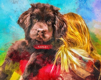 Könnte beinhalten: Ein brauner und schwarzer Hund mit einem roten Halsband, auf dem "MARGOT" steht, wird von einer Person mit langen blonden Haaren umarmt. Der Hund schaut in die Kamera.