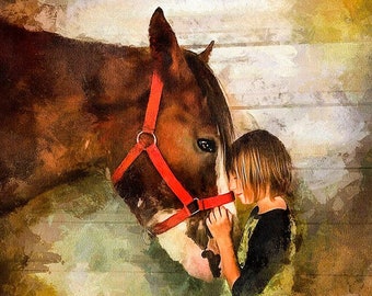 Custom Horse Portrait from photo. Watercolor Xmas Artwork for Pet Lover, Rider, Equestrian. Memorial Personalized Farm Animal Painting Gift