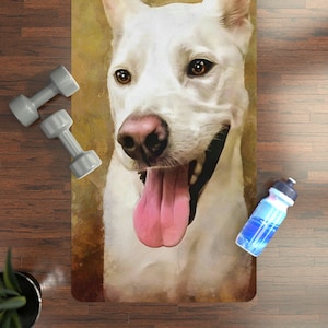 May include: A white dog with brown eyes and a pink tongue sticking out. The dog is painted in a watercolor style on a brown and yellow background.