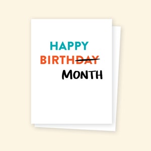 Feliz mês de aniversário - Cartão de felicitações, Cartão escrito à mão, Cartão de aniversário engraçado, Cartão de aniversário engraçado, Cartão de aniversário atrasado
