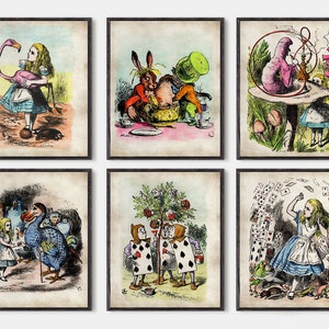 Alice in Wonderland wordt afgedrukt Set van 6 posters, Alice in Wonderland kinderkamerdecoratie, Alice in Wonderland kinderboek aquarel