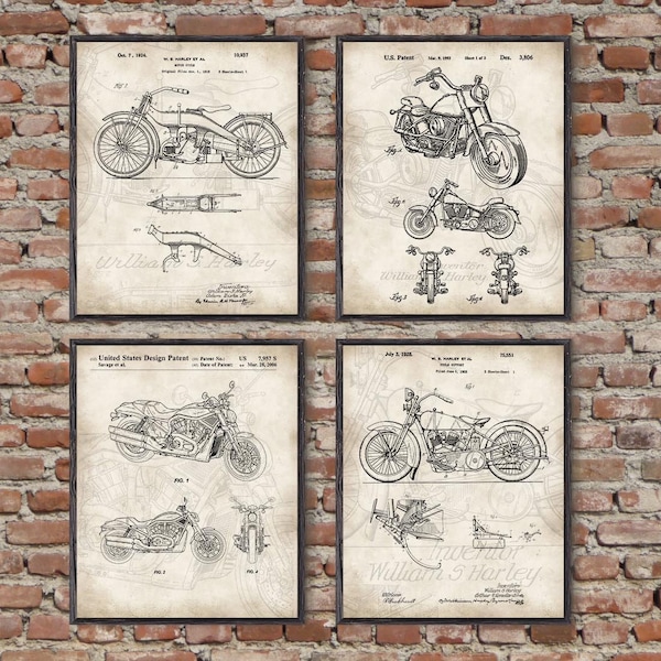 Ensemble de moto de 4, affiches d'art mural de brevet de moto, décor de motard. Décor de moto, cadeau pour motard #P322