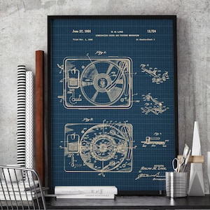 Póster de patente de tocadiscos, tocadiscos, regalo para amantes de la música, decoración para salas de música, arte musical, arte de oficina, decoración hipster, disco de vinilo n.° P379