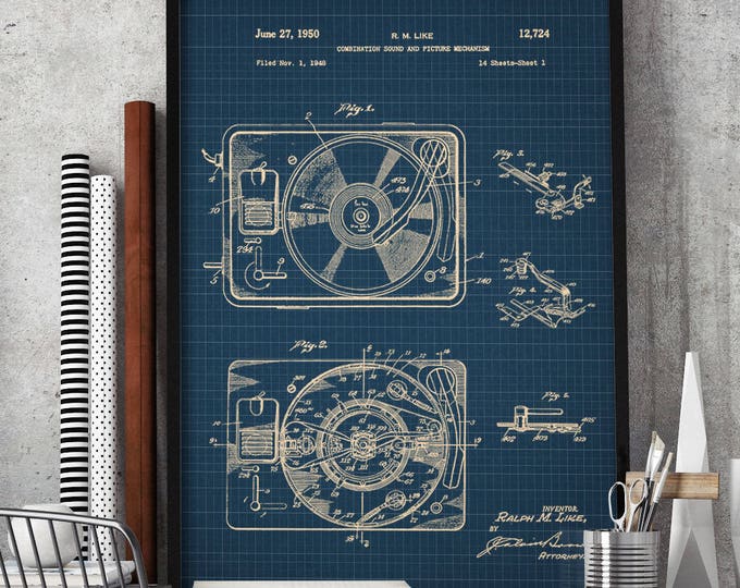 Record Player Patent Poster, Turntable, Music Lover Gift, Music Room Decor, Music Art, Office Art, Hipster Decor, Vinyl Record #P379