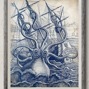 Kraken art, Kraken print, Octopus art, Sea monster print, Nautical decor, Giant Octopus Poster, Octopus Decor, Kraken Poster, Ocean wall Art