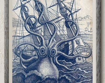 Arte Kraken, impresión Kraken, arte de pulpo, impresión de monstruo marino, decoración náutica, cartel de pulpo gigante, decoración de pulpo, cartel de Kraken, arte de la pared del océano