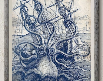 Arte Kraken, impresión Kraken, arte de pulpo, impresión de monstruo marino, decoración náutica, cartel de pulpo gigante, decoración de pulpo, cartel de Kraken, arte de la pared del océano