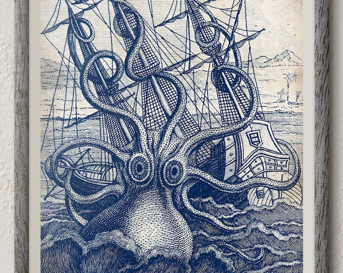 Featured listing image: Kraken art, Kraken print, Octopus art, Sea monster print, Nautical decor, Giant Octopus Poster, Octopus Decor, Kraken Poster, Ocean wall Art