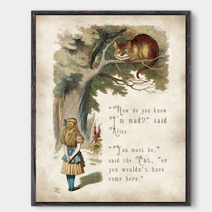 Alice in wonderland, Cheshire Cat quote, We are all mad here, Cheshire Cat, Vintage Style, Alice party decor, Wonderland art, Mad hatter