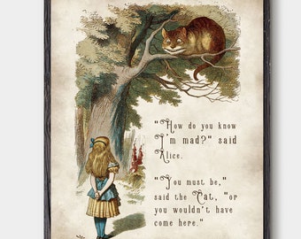 Alice in wonderland, Cheshire Cat quote, We are all mad here, Cheshire Cat, Vintage Style, Alice party decor, Wonderland art, Mad hatter