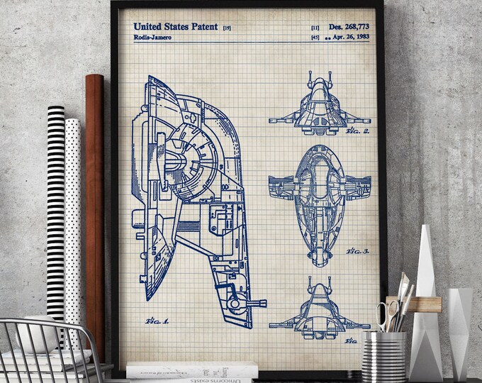 Star Wars Art Print, Slave 1 Vintage Art,Blueprint,Poster,Print,PatentPrints,Wall Art, Decor #P370