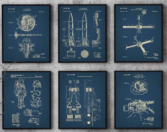Rocket Blueprint, Set of 6,Space Patent Posters, NASA Art,NASA Patent, NASA Poster, Space Shuttle Poster, Space Shuttle Art, Space Suit P347