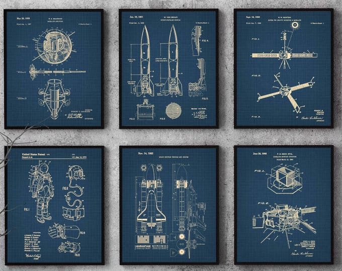 Rocket Poster Outer space room decor - Space Shuttle Set of 6 prints - Nasa bedroom space theme, Blueprint Space Patent Posters