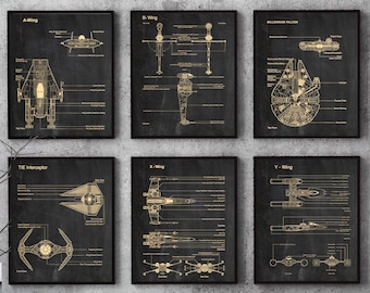 Set of 6 prints,Star Wars,blueprint,parchment,Science,Student,Engineering,Print,Gift,Office Decor,Home decor #P227