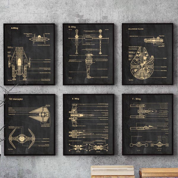 Set of 6 prints,Star Wars,blueprint,parchment,Science,Student,Engineering,Print,Gift,Office Decor,Home decor #P227