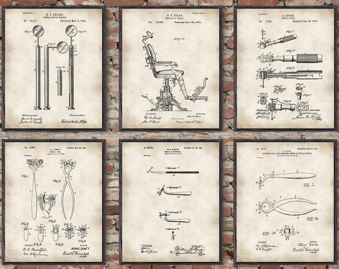 Dentist Patent,set of 6 ,Vintage Dental tools,Dentist Prints,medical equipment, medical student,graduation gift, dental instruments P298