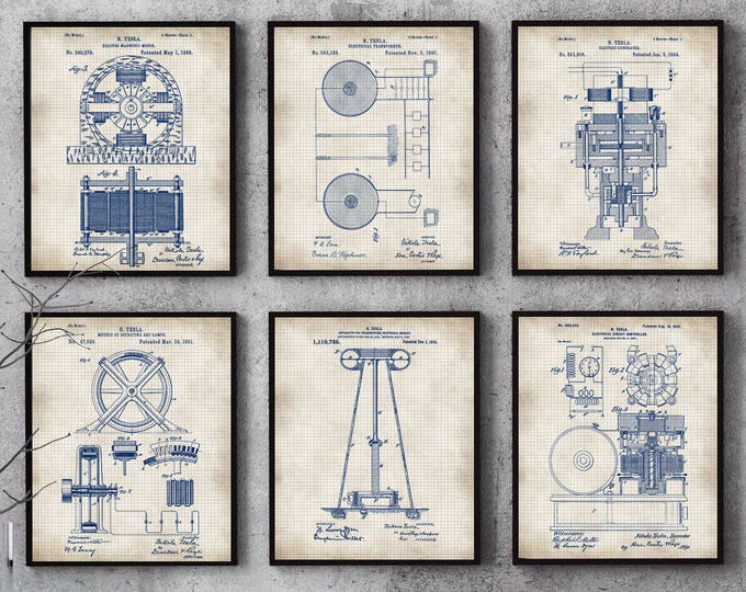 PATENT TESLA  set of 6, Tesla Print, Tesla Poster,Patent Print, Nikola Tesla, set of six, Tesla Set, Chalkboard, Blueprint,Tesla gift  #P0