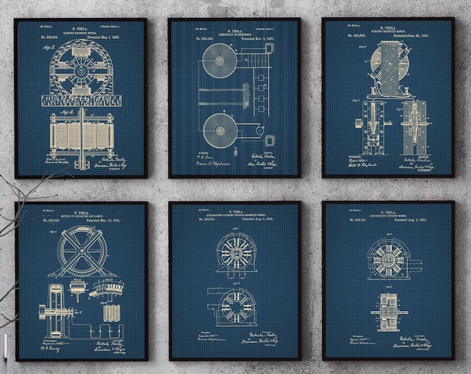 Tesla Patent set of 6, Tesla Print, Tesla Poster,Patent Print, Nikola Tesla, set of 6, Tesla Set, Chalkboard, Blueprint, Vintage #P229