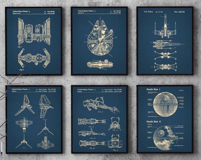 Tie Bomber,Death Star,Speeder Bike,Return of Jedi,Star Wars Print,Birthday Gift,MillenniuM Falcon,Patent Print,Fantasy,Technology set of 6