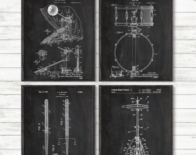 Drum Art Patent Posters Group of 4,Prints, Drummer Art,Cymbal, Drum Patent, Snare Drum, Percussion, Music Room Decor, Boys Room Decor #P344