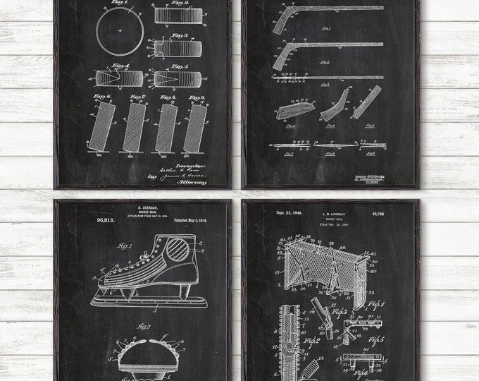 Ice Hockey Patent Print Set Of 4, Sport Poster,NHL Ice Hockey Stick Design,Hockey Patent, Ice Hockey Rink, Puck, Dorm Room Decor #P341