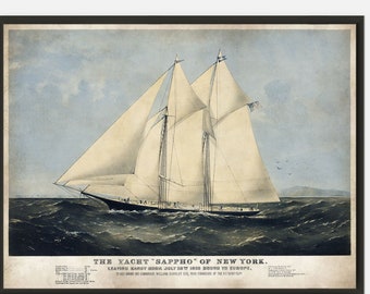 Sailing ship Antique nautical illustration print, Vintage Nautical Decor, Sail boat Beach house deocoration