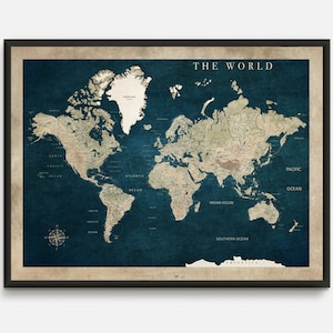 Vintage style Large World Map wall art print, world travel poster, custom travel gift world map decor