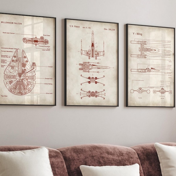 Star Wars Blueprint Art Prints: Millennium Falcon, X-Wing, Y-Wing - Set of 3