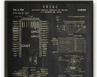 ENIAC Premier ordinateur programmable 1947 impression de brevet, Art technologique Décor informatique geek nerd cadeau